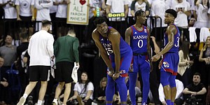 Kansas center Udoka Azubuike looks up at the scoreboard during a timeout in the second half of an NCAA college basketball game against Baylor on Saturday, Feb. 22, 2020, in Waco, Texas. (AP Photo/Ray Carlin)
