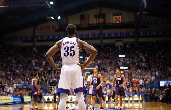 Kansas center Udoka Azubuike (35) waits at the far end of the court during the second half, Wednesday, March 5, 2020 at Allen Fieldhouse.