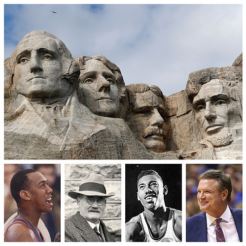 One of Matt Tait's three versions of a Kansas basketball Mount Rushmore, from left to right, Danny Manning, James Naismith, Wilt Chamberlain and Bill Self. (Journal-World & AP file photos) 