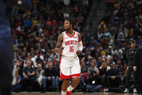 Houston Rockets guard Ben McLemore (16) in the first half of an NBA basketball game Wednesday, Nov. 20, 2019, in Denver. 

