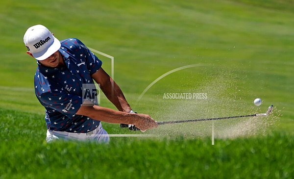 Gary Woodland hits from a bunker on the 15th fairway in the first round of the Northern Trust golf tournament at TPC Boston, Thursday, Aug. 20, 2020, in Norton, Mass. (AP Photo/Charles Krupa)

