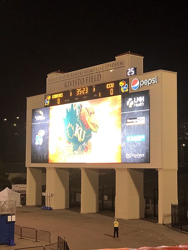 The clock on the video board at David Booth Kansas Memorial Stadium counts down to kickoff before KU's season opener against Coastal Carolina on Saturday, Sept. 12, 2020. 