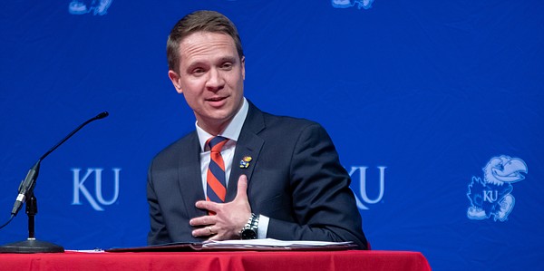 Travis Goff, a 2002 graduate of the University of Kansas and native of Dodge City, introduces himself as KU’s new athletic director Wednesday, April 7, 2021, at the Lied Center on KU's west campus.