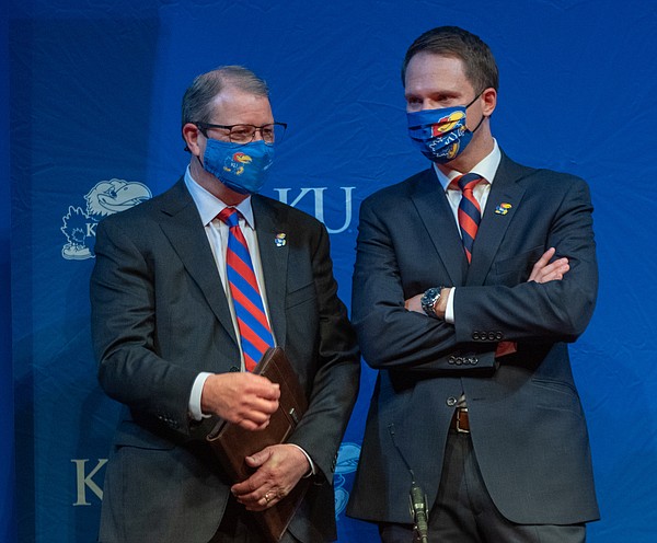 New KU Athletic Director Travis Goff, right, chats with KU Chancellor Douglas Girod during Goff's introduction on April 7, 2021 at the Lied Center. 