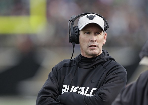Newly hired University of Kansas football coach Lance Leipold is shown in this Nov. 19, 2016, file photo, during a Buffalo game against Western Michigan, in Kalamazoo, Mich. 


