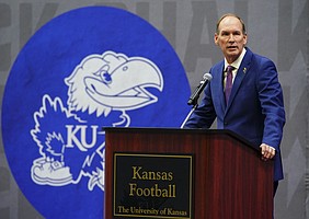 New Kansas head football coach Lance Leipold talks with media members and guests during an introductory press conference on Monday, May 3, 2021 at the KU football indoor practice facility.