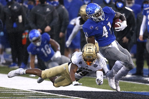 Buffalo Bulls running back Kevin Marks Jr. (41) carries the ball during the first half of an NCAA college football game against the Akron Zips at UB stadium in Amherst, N.Y., Saturday Dec. 12, 2020. (AP/ Photo Jeffrey T. Barnes)