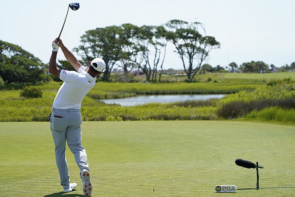 Gary Woodland tees off on the third hole during the second round of the PGA Championship golf tournament on the Ocean Course Friday, May 21, 2021, in Kiawah Island, S.C. 


