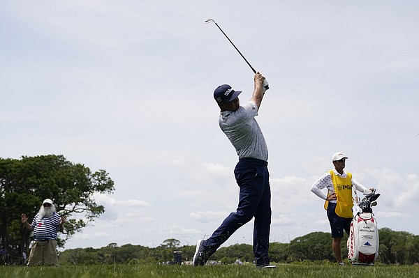 Gary Woodland watches his shot on the second hole during the third round at the PGA Championship golf tournament on the Ocean Course, Saturday, May 22, 2021, in Kiawah Island, S.C. 


