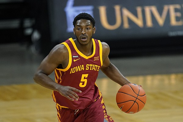 Iowa State guard Jalen Coleman-Lands drives up court during the first half of an NCAA college basketball game against Iowa, Friday, Dec. 11, 2020, in Iowa City, Iowa.


