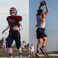 In these contributed photos, receiver Jaiden Bender (left) and tight end Jaden Hamm (right) compete for the Eudora football program. Both juniors have received interest from Division I programs, including Kansas, entering the 2021 season.