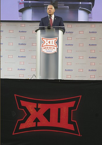 Big 12 commissioner Bob Bowlsby speaks during NCAA college football Big 12 media days Wednesday, July 14, 2021, in Arlington, Texas. 