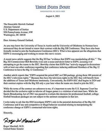 U.S. senator Roger Marshall's letter to the U.S. attorney general asking for an investigation into ESPN's role in conference realignment. 