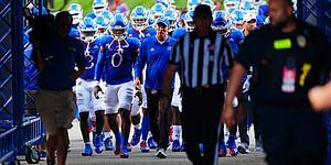 Kansas head coach Lance Leipold and the Jayhawks take the field for kickoff against South Dakota on Friday, Sept. 3, 2021 at Memorial Stadium. (Photo by Nick Krug/Special to the Journal-World)