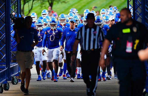 Kansas head coach Lance Leipold and the Jayhawks take the field for kickoff against South Dakota on Friday, Sept. 3, 2021 at Memorial Stadium. (Photo by Nick Krug/Special to the Journal-World)