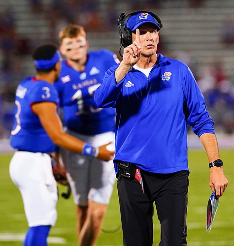 Kansas head coach Lance Leipold signals to an official during the second quarter on Friday, Sept. 3, 2021 at Memorial Stadium. (Photo by Nick Krug/Special to the Journal-World)