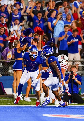 Kansas wide receiver Lawrence Arnold (2) reacts after scoring what proved to be the winning touchdown late in the fourth quarter on Friday, Sept. 3, 2021 at Memorial Stadium. (Photo by Nick Krug/Special to the Journal-World)