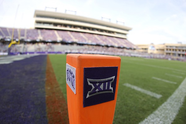 The Big 12 Conference logo is seen on a goal line pylon before Duquesne plays TCU in an NCAA college football game Saturday, Sept. 4, 2021, in Fort Worth, Texas. 


