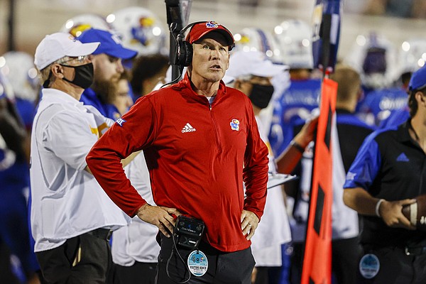Kansas coach Lance Leipold watches the team during the first half of an NCAA college football game against Coastal Carolina in Conway, S.C., Friday, Sept. 10, 2021. (AP Photo/Nell Redmond)