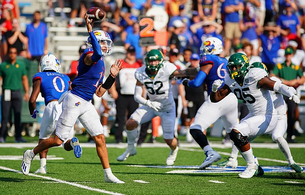Kansas quarterback Jason Bean (17) throws against the Baylor defense during the third quarter on Saturday, Sept. 18, 2021 at Memorial Stadium. (Photo by Nick Krug/Special to the Journal-World)