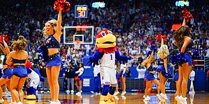 Big Jay gets the Fieldhouse pumped up as the Jayhawks are introduced on Wednesday, Nov. 3, 2021.