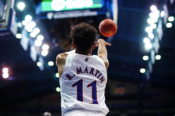 Kansas guard Remy Martin (11) inbounds a ball during the second half on Wednesday, Nov. 3, 2021 at Allen Fieldhouse.