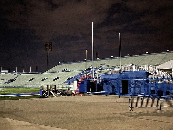 Efforts were made to storm the field and tear down the goal posts at David Booth Kansas Memorial Stadium on Saturday, Nov. 13, 2021, but, by night's end, the goal posts were still standing. 