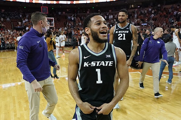 Kansas State guard Markquis Nowell (1) celebrates the team's win over Texas in an NCAA college basketball game Tuesday, Jan. 18, 2022, in Austin, Texas. (AP Photo/Eric Gay)



