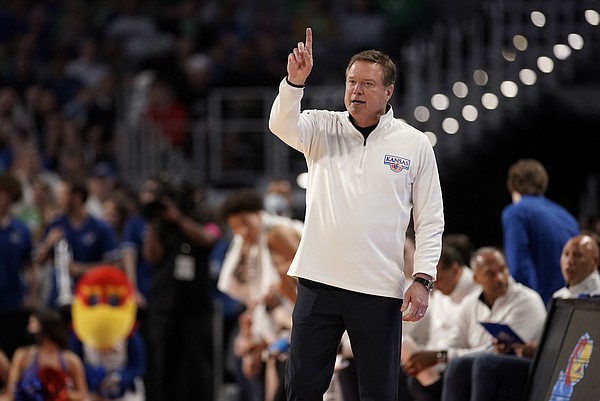 Kansas head coach Bill Self calls out a play during the first half on Thursday, March 17, 2022 at Dickies Arena in Fort Worth, Texas.