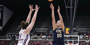 Georgia Tech center Nerea Hermosa (20) shoots over Kansas center Danai Papadopoulou (14) during the first half of a first-round game in the NCAA women's college basketball tournament Friday, March 18, 2022, in Stanford, Calif.