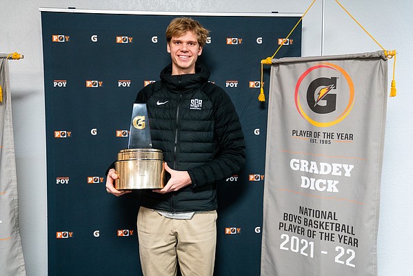 Kansas basketball signee Gradey Dick poses with his Gatorade National Boys Basketball Player of the Year trophy on Tuesday, March 22, 2022 at Sunrise Christian Academy in Wichita. 