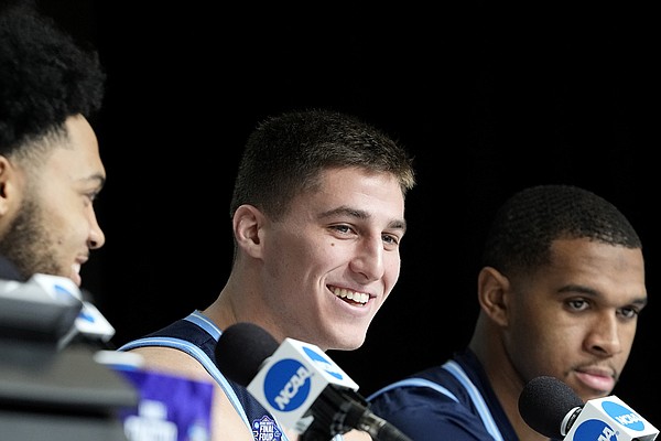 Villanova guard Collin Gillespie speaks during a press conference for the Final Four NCAA men's basketball tournament on March 31, 2022, in New Orleans.