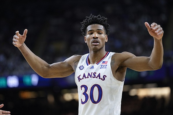 Kansas' Ochai Agbaji gestures during the second half of a Men's Final Four game against Villanova on April 2, 2022, in New Orleans.