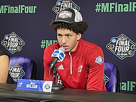 Kansas forward Jalen Wilson answers questions during a media breakout session on Sunday, April 3, 2022 at the Caesars Superdome in New Orleans.