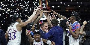 The Kansas Jayhawks celebrate their 72-69 victory over North Carolina in the NCAA National Championship match on Monday, April 4, 2022 at the Caesars Superdome in New Orleans.