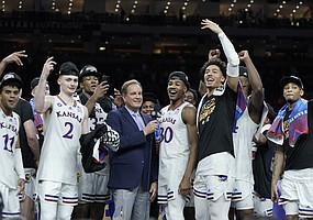The Kansas Jayhawks elebrate their 72-69 win over North Carolina in the NCAA National Championship game.