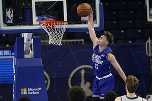 Christian Braun participates in the NBA basketball draft combine at the Wintrust Arena Friday, May 20, 2022, in Chicago. (AP Photo/Charles Rex Arbogast)