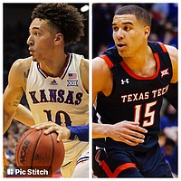 KU's Jalen Wilson, left, and Texas Tech transfer Kevin McCullar Jr., right, have both taken their stay-or-go NBA draft decisions to the final day of the deadline. (Journal-World/Nick Krug photos)