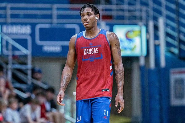 Forward MJ Rice waits for play to resume during the team scrimmage at the annual Bill Self Basketball Camp on Wednesday, June 8, 2022 at Allen Fieldhouse. 