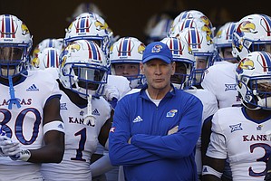 Kansas head coach Lance Leipold stands with his team before facing TCU on Nov. 20, 2021, in Fort Worth, Texas.
