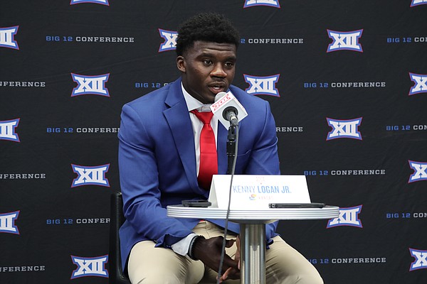 Kansas senior safety Kenny Logan Jr. speaks to reporters as part of the Big 12 media days on July 13, 2022, at AT&T Stadium in Arlington, Texas.