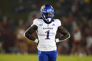 Kansas safety Kenny Logan Jr. stands on the field during the second half of a game against Iowa State on Oct. 2, 2021, in Ames, Iowa.