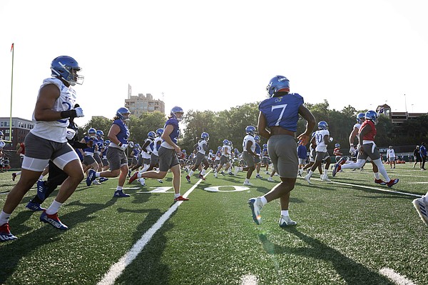 The Kansas football team stretches during the first day of practice on Tuesday, Aug. 2, 2022.