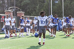 Kansas sophomore cornerback Shaad Dabney (16) during the first day of practice on Tuesday, Aug. 2, 2022.
