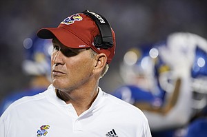 Kansas head coach Lance Leipold paces up the sideline during the fourth quarter on Friday, Sept. 2, 2022 at Memorial Stadium.