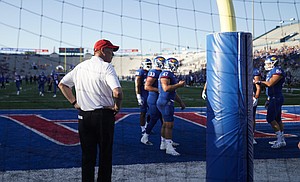Kansas head coach Lance Leipold watches over warmups prior to kickoff against Tennessee Tech on Friday, Sept. 2, 2022 at Memorial Stadium.