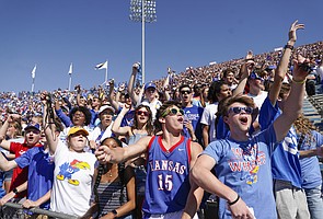 Kansas fans in the student section go wild during the kickoff in the first quarter against Iowa State on Saturday, Oct. 1, 2022 at Memorial Stadium.