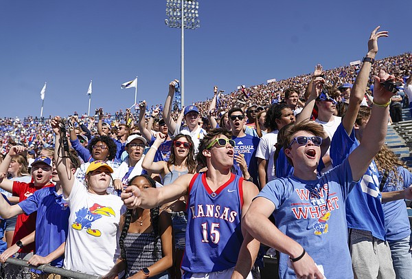 Kansas fans in the student section go wild during the kickoff in the first quarter against Iowa State on Saturday, Oct. 1, 2022 at Memorial Stadium.