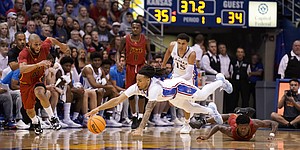 Kansas guard Bobby Pettiford Jr. (0) lays out for a loose ball steal against Pittsburg State during the first half of an exhibition on Thursday, Nov. 3, 2022 at Allen Fieldhouse.