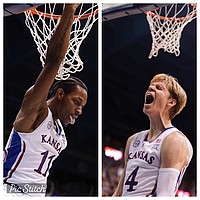 Kansas freshmen MJ Rice, left, and Gradey Dick, right, both delivered dazzling debuts for the Jayhawks during KU's wins over Omaha and North Dakota State this week. (AP and Journal-World photos) 